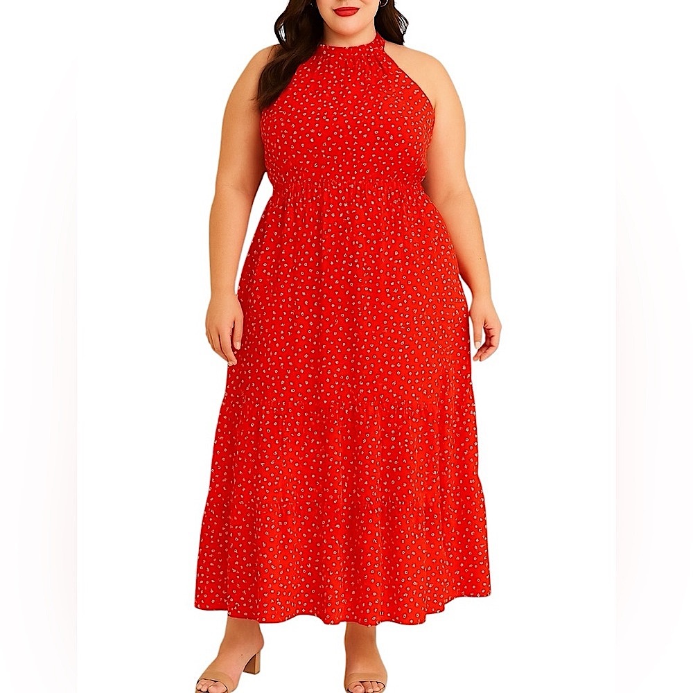 Pin-Up Style Red Polka Dot Halter Maxi Dress – Tiered, Smocked Waist, Size XL